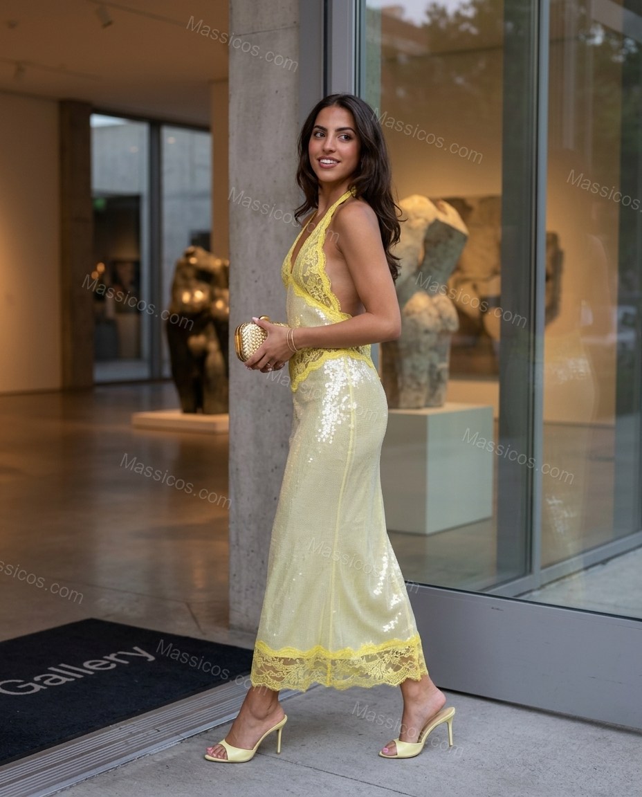 Pale Yellow Floral Maxi Halter Dress, alternate use-case lifestyle view, by Massicos
