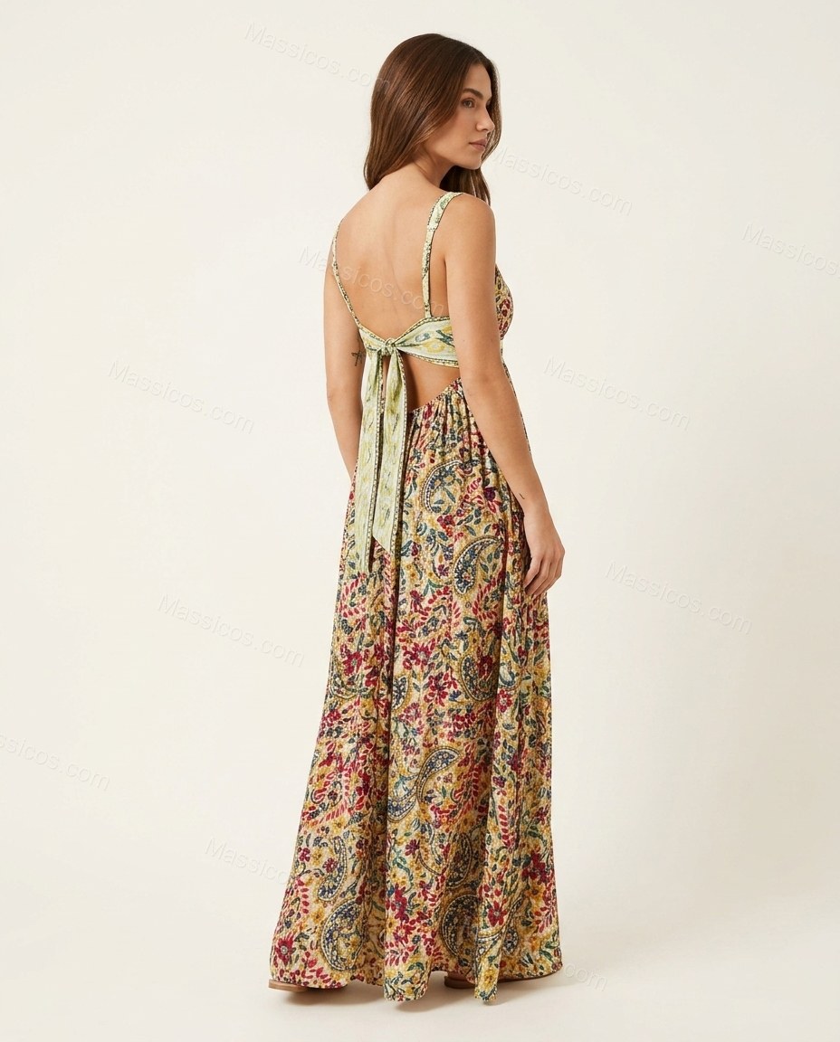 Yellow Floral Maxi Dress, back studio view showing open back with tie detail visible, by Massicos