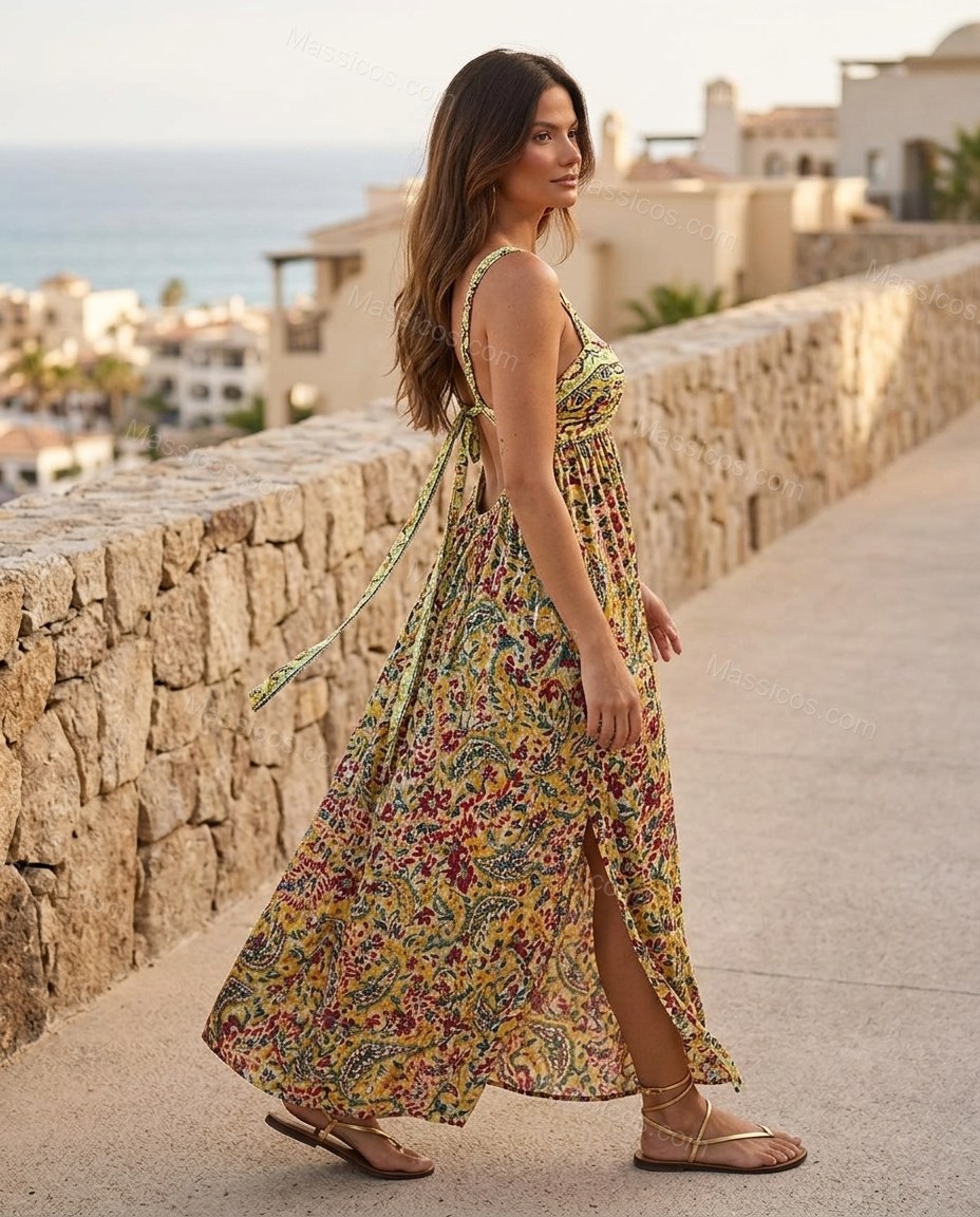 Yellow Floral Maxi Dress, walking lifestyle view, by Massicos