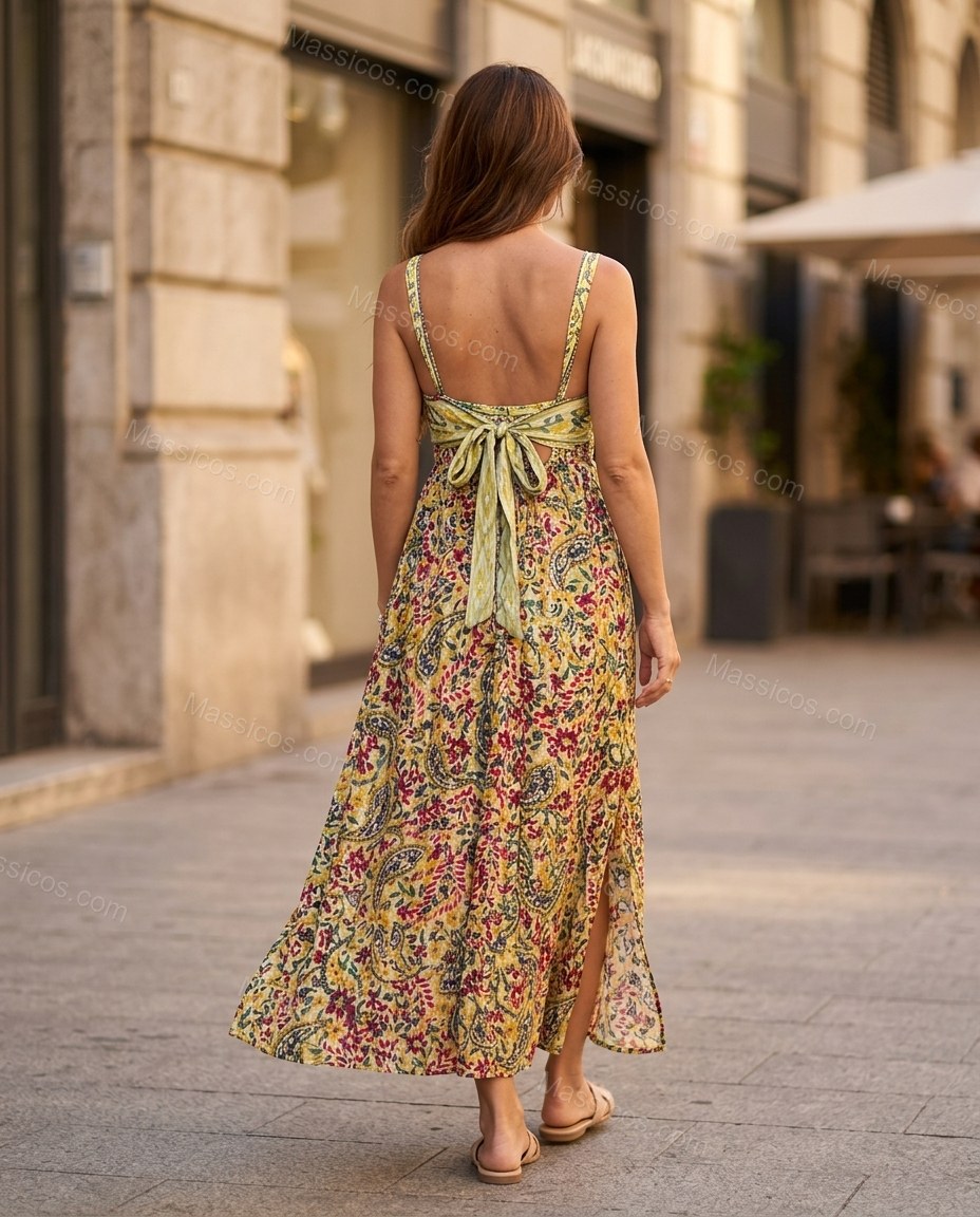 Yellow Floral Maxi Dress, movement and fit lifestyle view, by Massicos