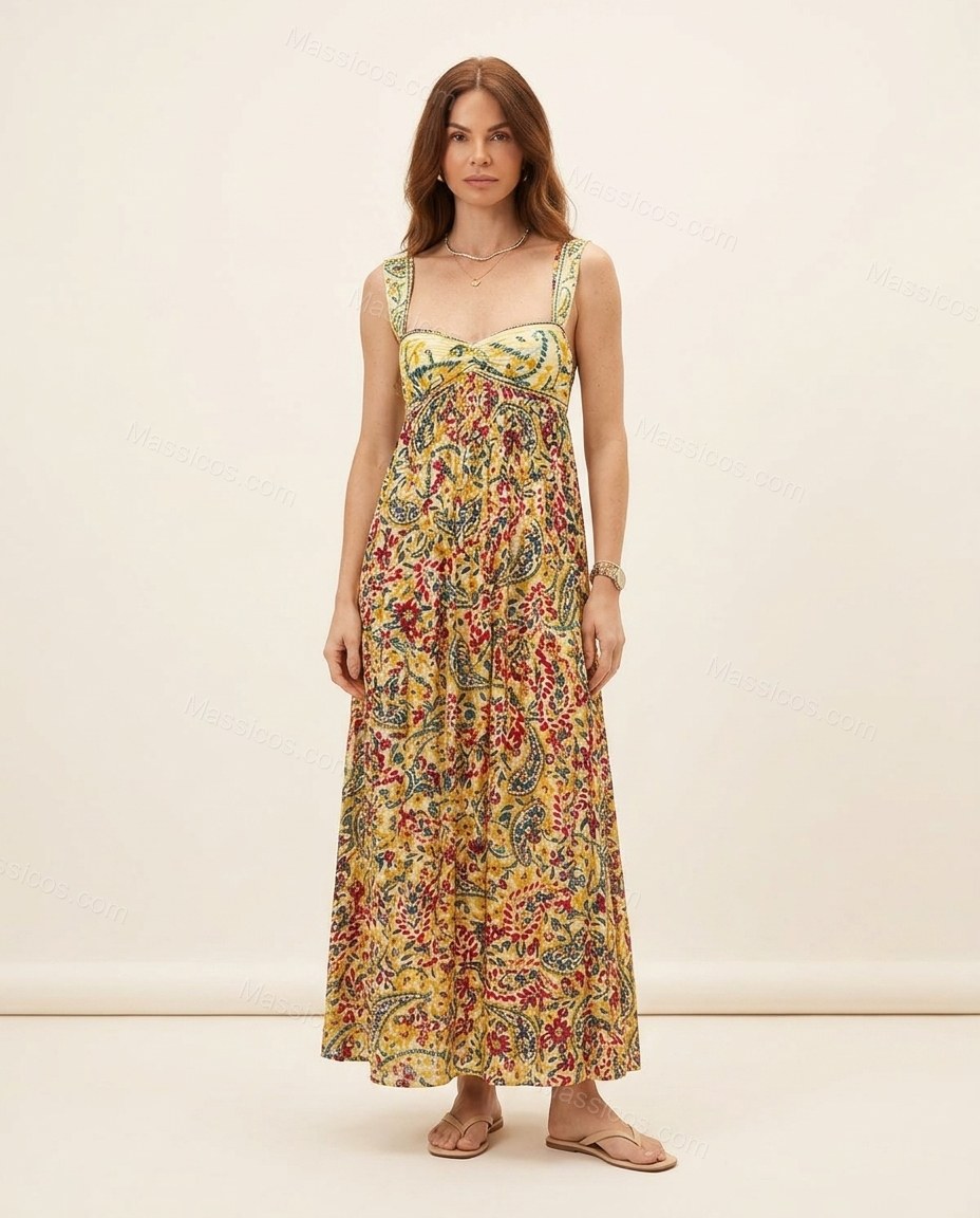 Yellow Floral Maxi Dress, front studio view, by Massicos