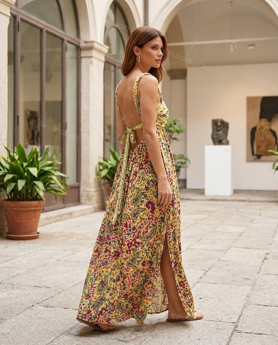 Yellow Floral Maxi Dress, alternate use-case lifestyle view, by Massicos