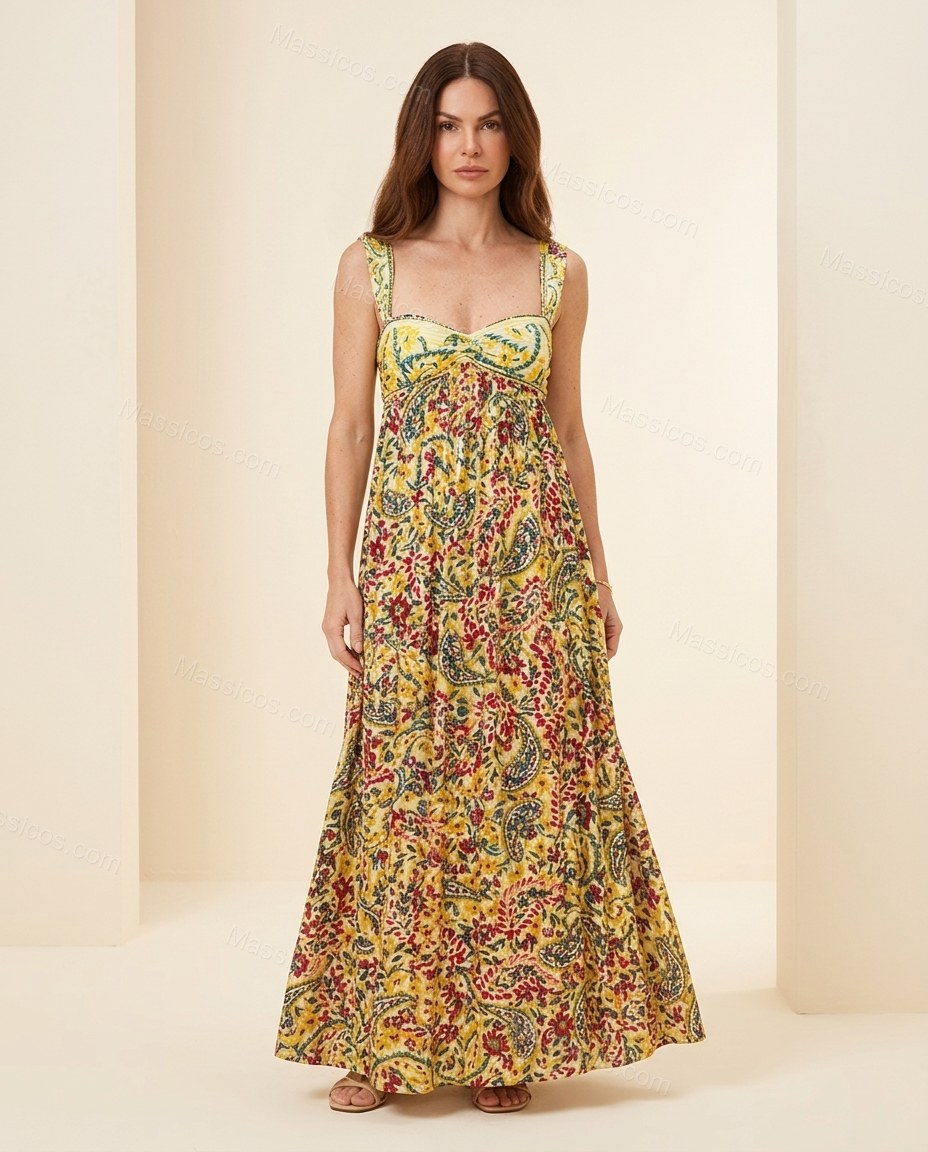 Yellow Floral Maxi Dress, full-length hero view, by Massicos
