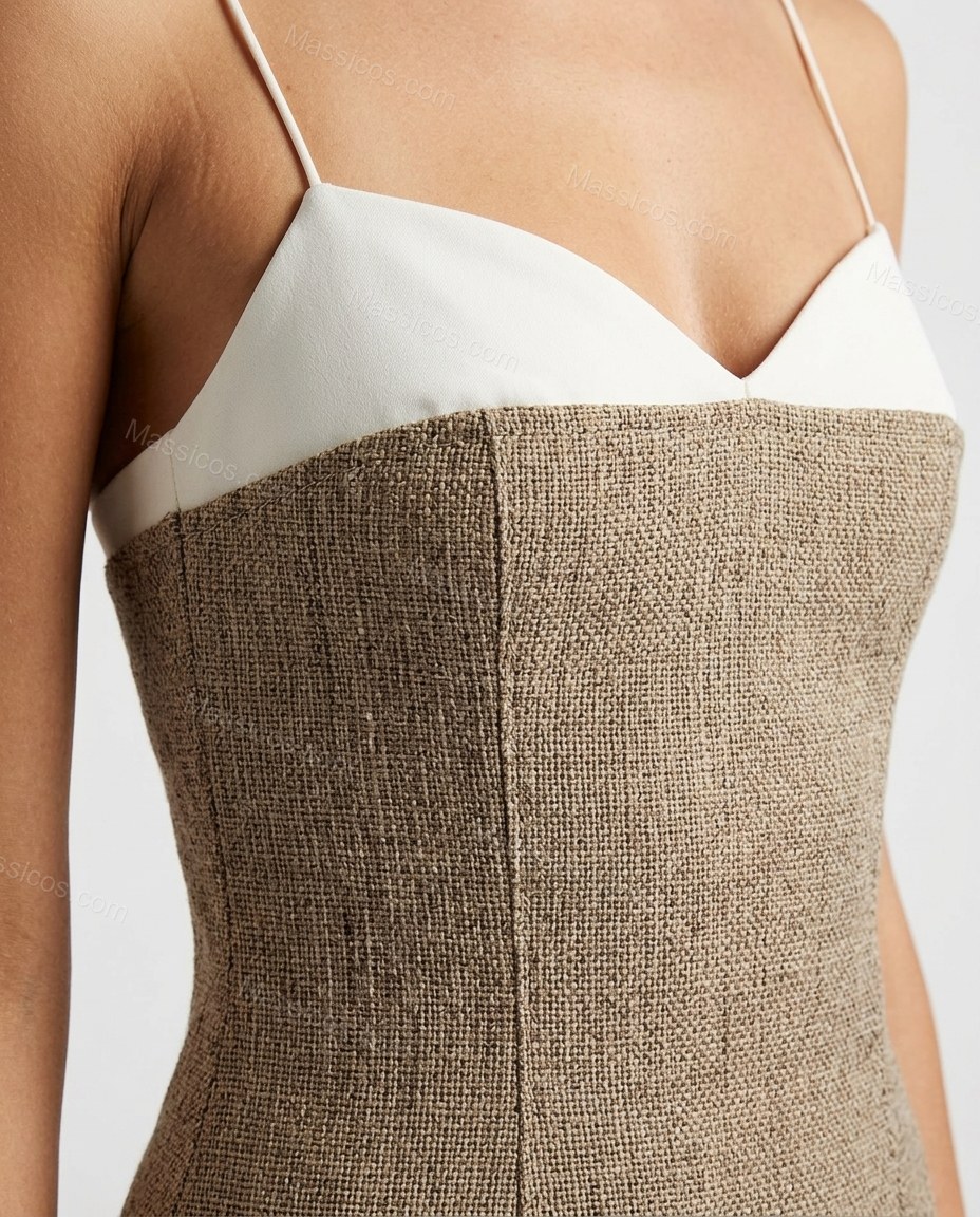 Beige Midi Dress, close-up of off-white accents, spaghetti straps and sweetheart neckline, by Massicos