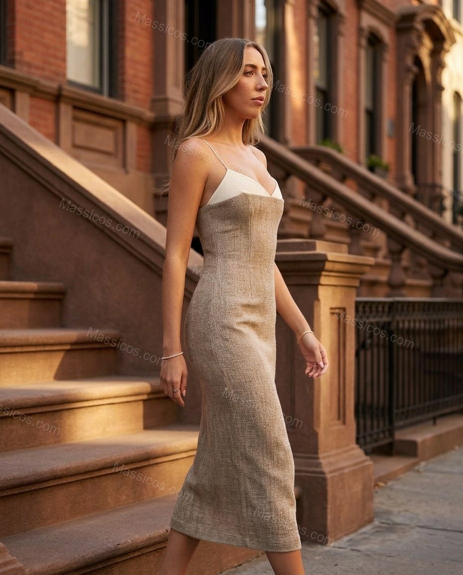 Beige Midi Dress, three-quarter brand lifestyle view, by Massicos