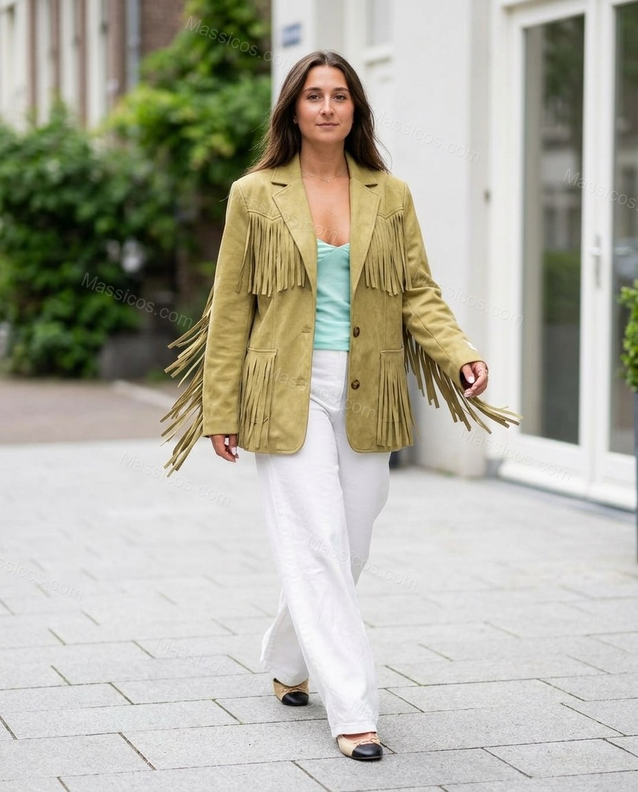 Olive Green Fringe Two-Piece Set, full-length hero view, by Massicos