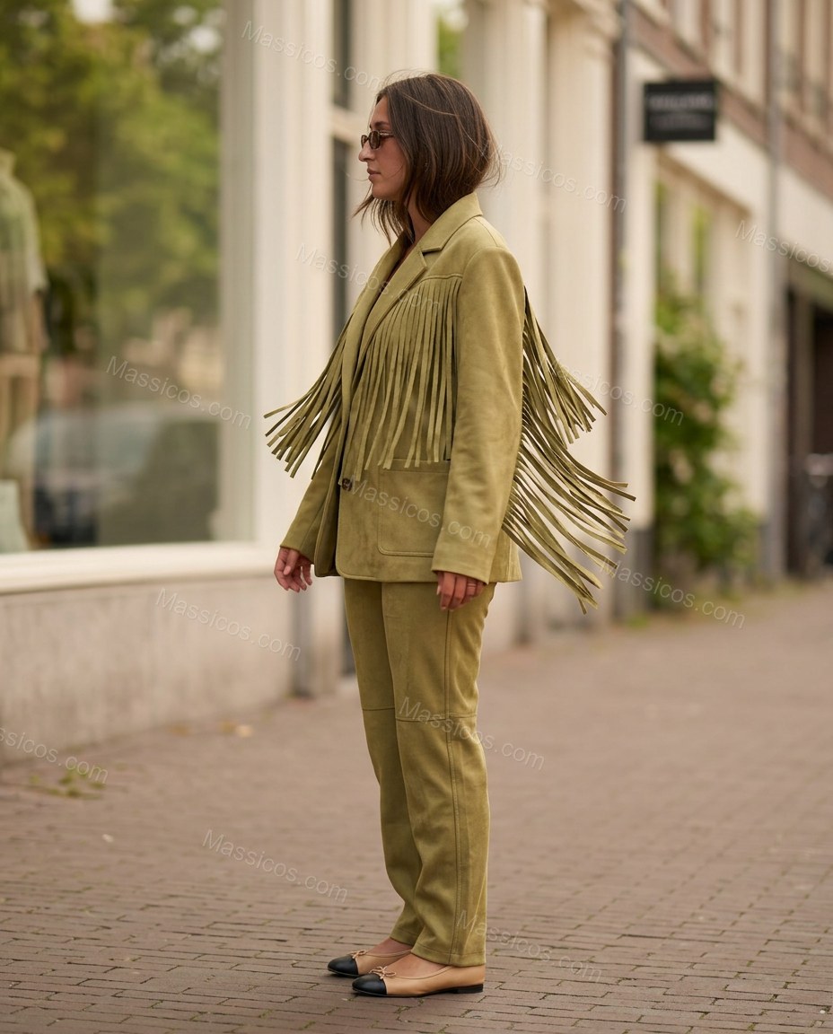 Olive Green Fringe Two-Piece Set, walking lifestyle view, by Massicos