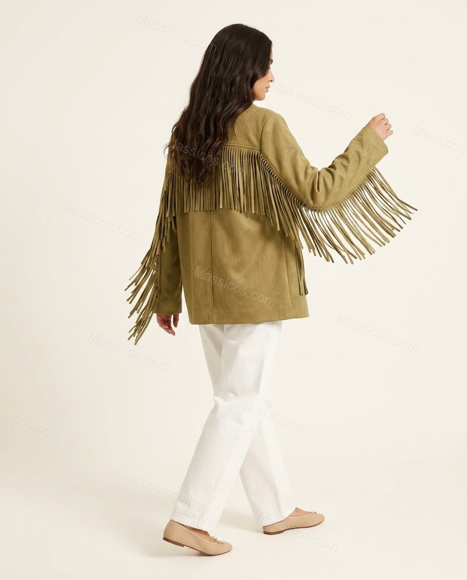 Olive Green Fringe Two-Piece Set, back studio view, by Massicos