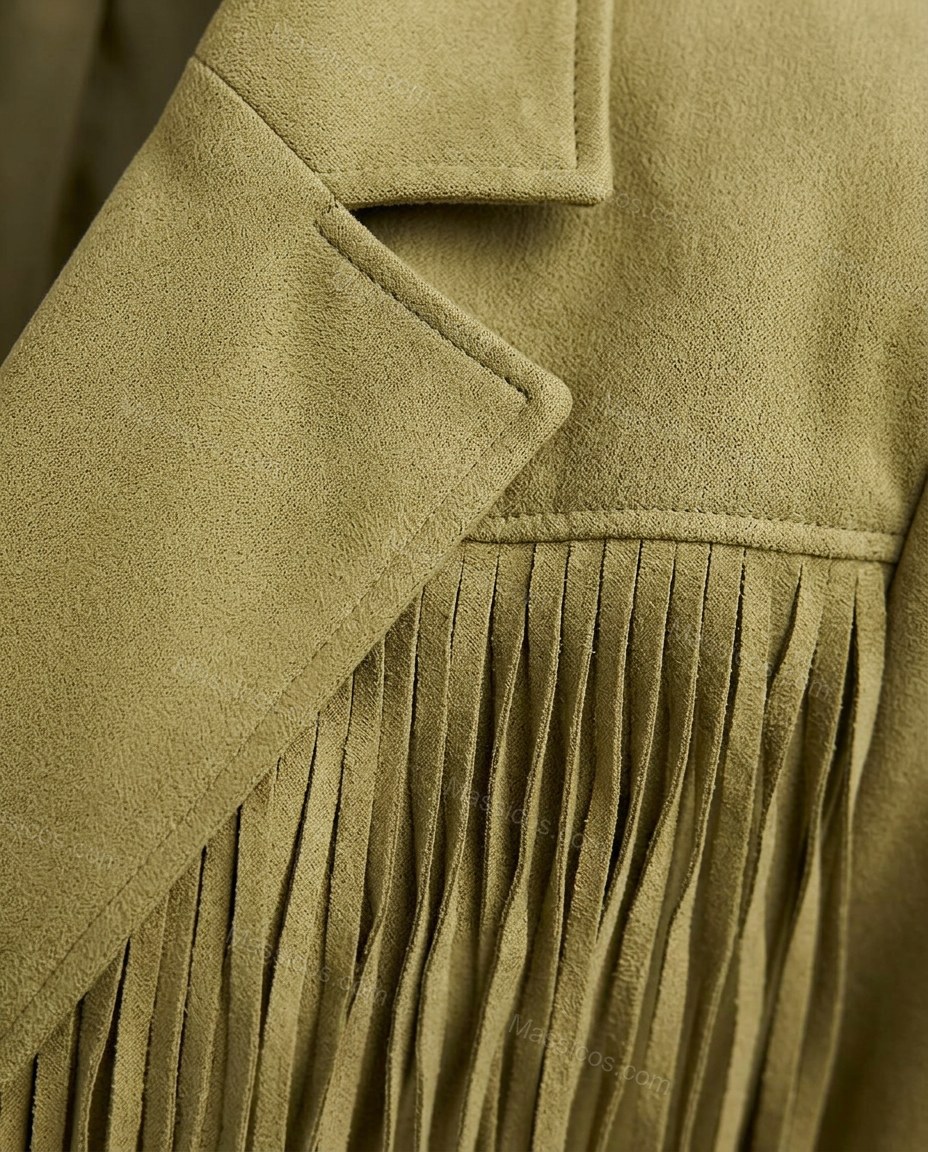 Olive Green Fringe Two-Piece Set, close-up of fringe trim, button closure and notched lapels, by Massicos