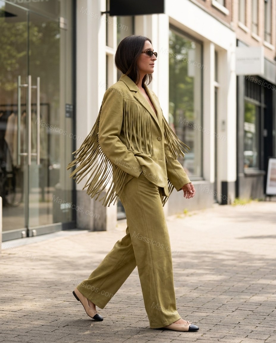 Olive Green Fringe Two-Piece Set, movement and fit lifestyle view, by Massicos