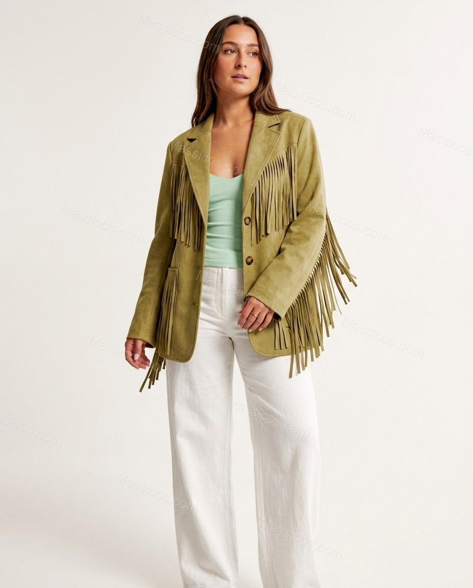Olive Green Fringe Two-Piece Set, front studio view, by Massicos