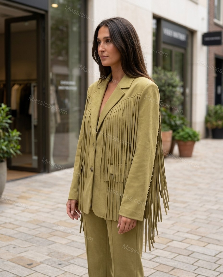 Olive Green Fringe Two-Piece Set, three-quarter brand lifestyle view, by Massicos