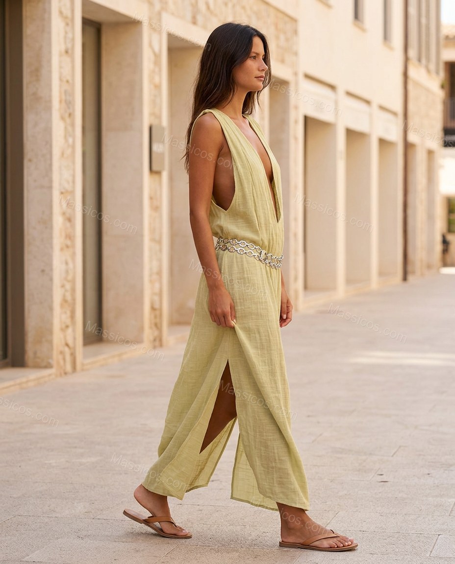Light Green Maxi Dress, walking lifestyle view, by Massicos