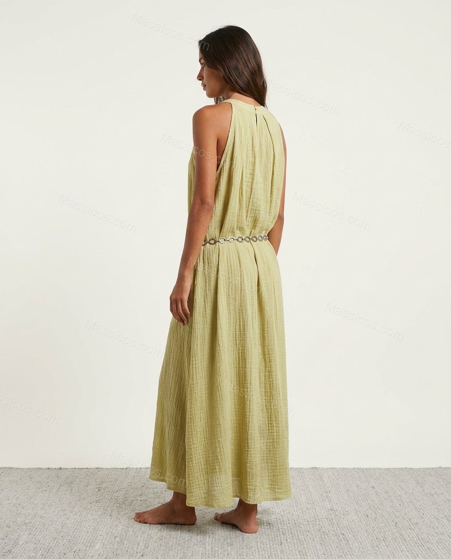 Light Green Maxi Dress, back studio view showing high straight back with shoulder straps, vertical crinkles, by Massicos