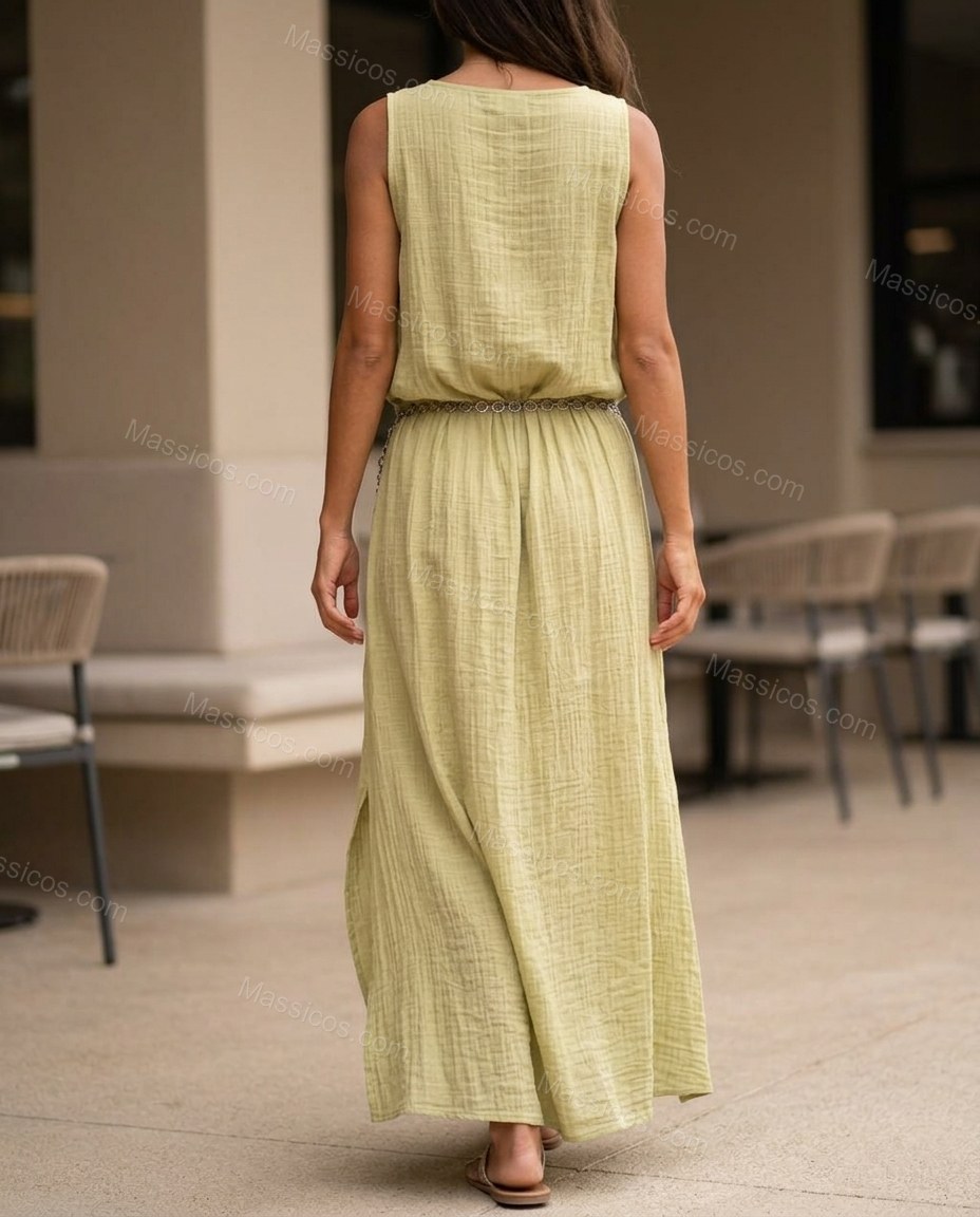 Light Green Maxi Dress, movement and fit lifestyle view, by Massicos