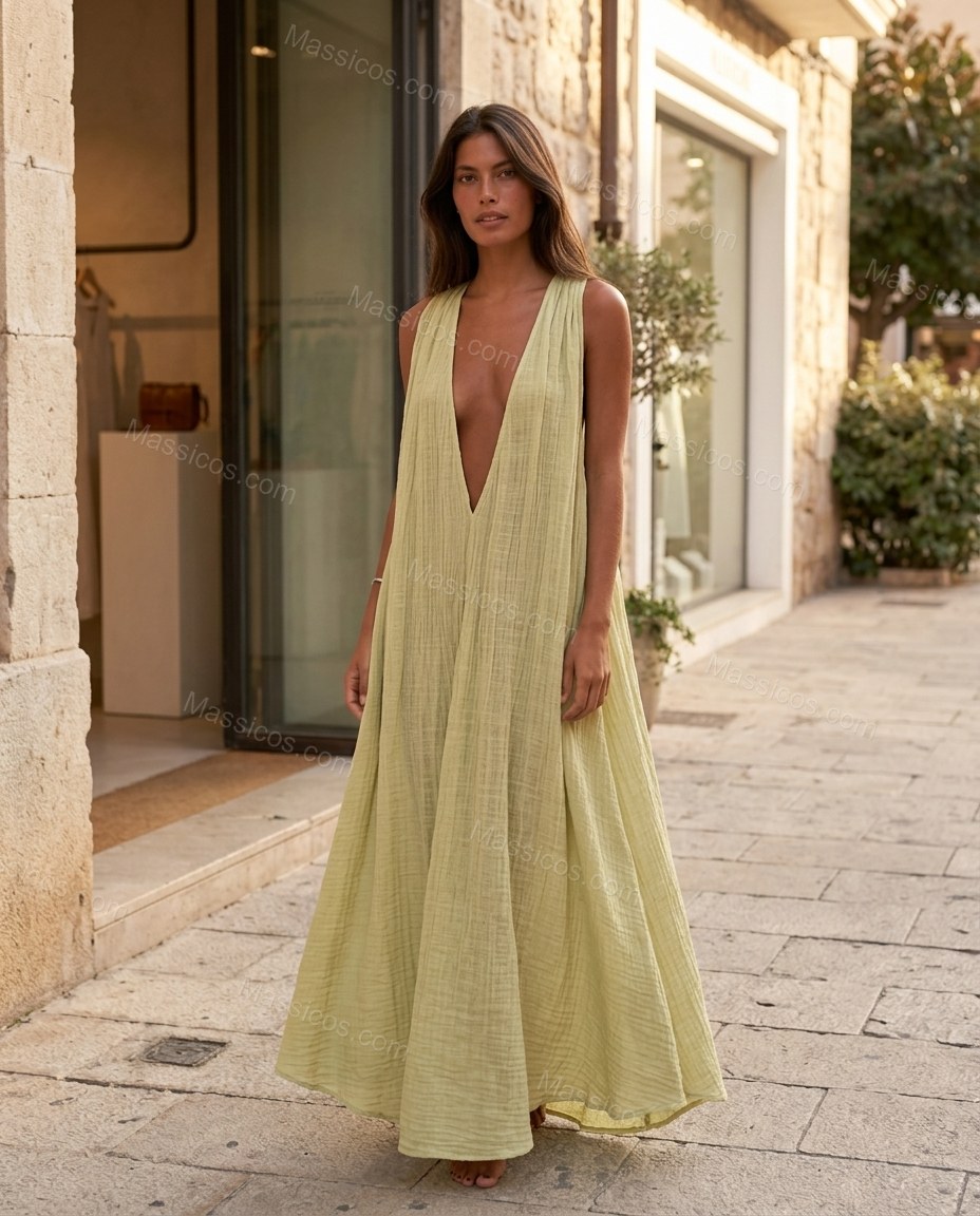 Light Green Maxi Dress, three-quarter brand lifestyle view, by Massicos