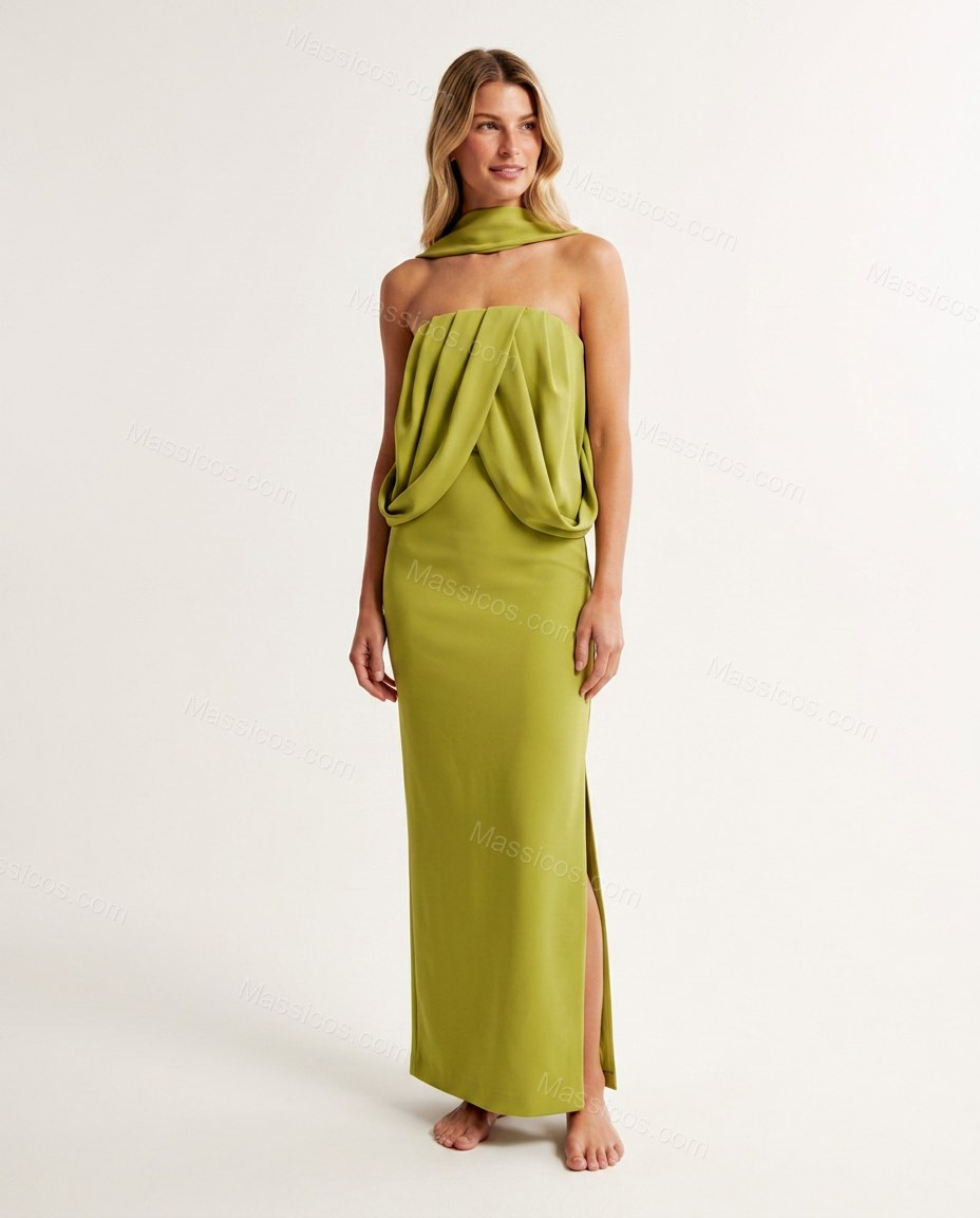Lime Green Maxi Open-Back Halter Dress, front studio view, by Massicos