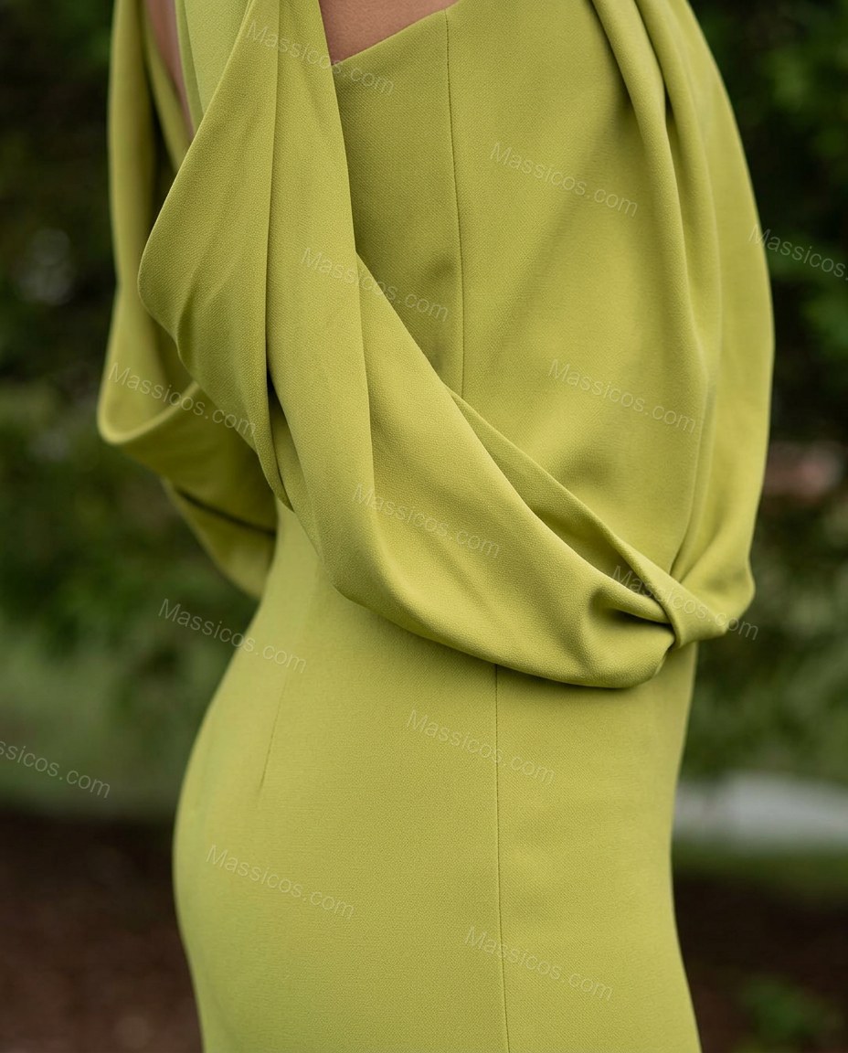 Lime Green Maxi Open-Back Halter Dress, close-up of draped bodice, halter neck and side slit, by Massicos