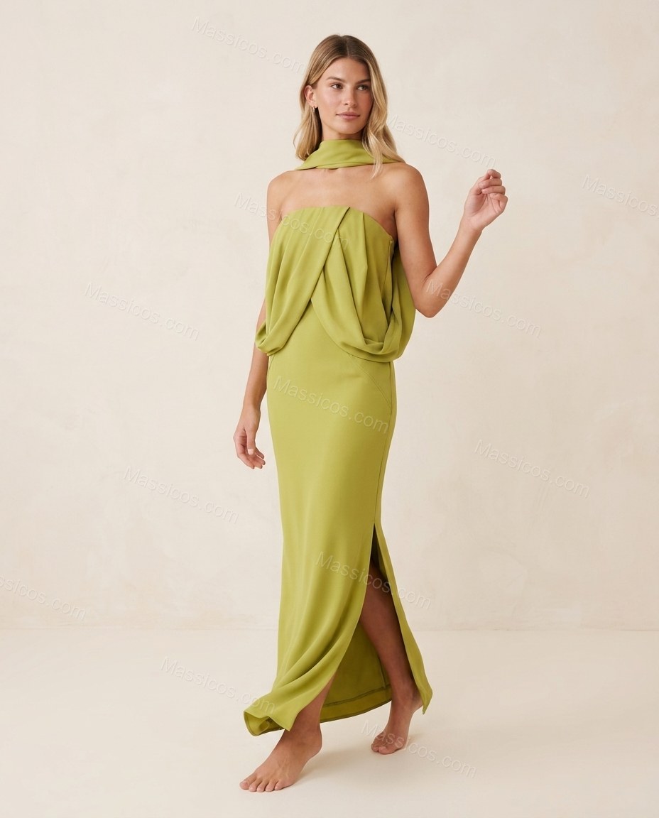 Lime Green Maxi Open-Back Halter Dress, full-length hero view, by Massicos