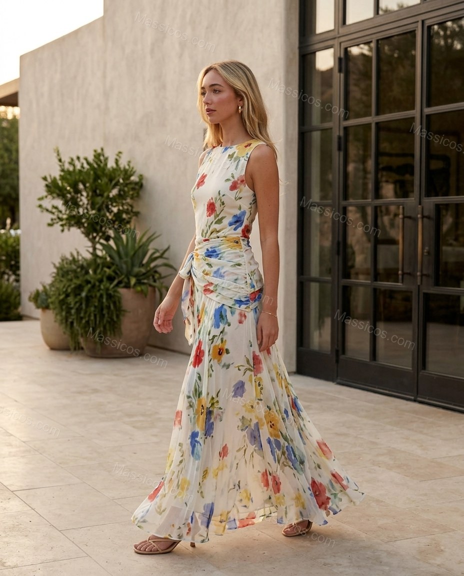 Off-white with Multi-Color Floral Print Maxi Dress, walking lifestyle view, by Massicos