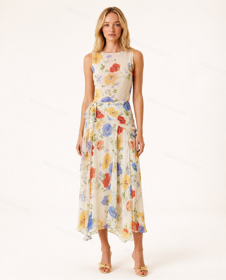 Off-white with Multi-Color Floral Print Maxi Dress, front studio view, by Massicos
