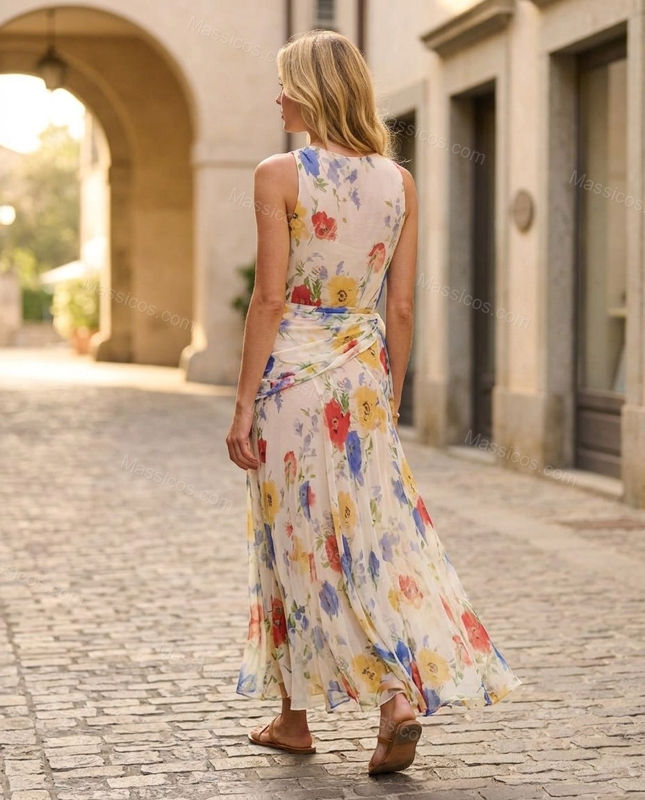 Off-white with Multi-Color Floral Print Maxi Dress, movement and fit lifestyle view, by Massicos