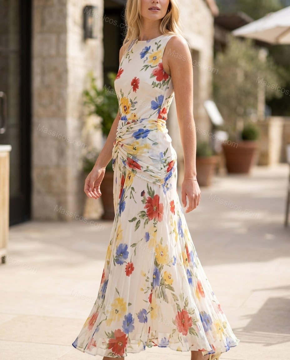 Off-white with Multi-Color Floral Print Maxi Dress, alternate use-case lifestyle view, by Massicos