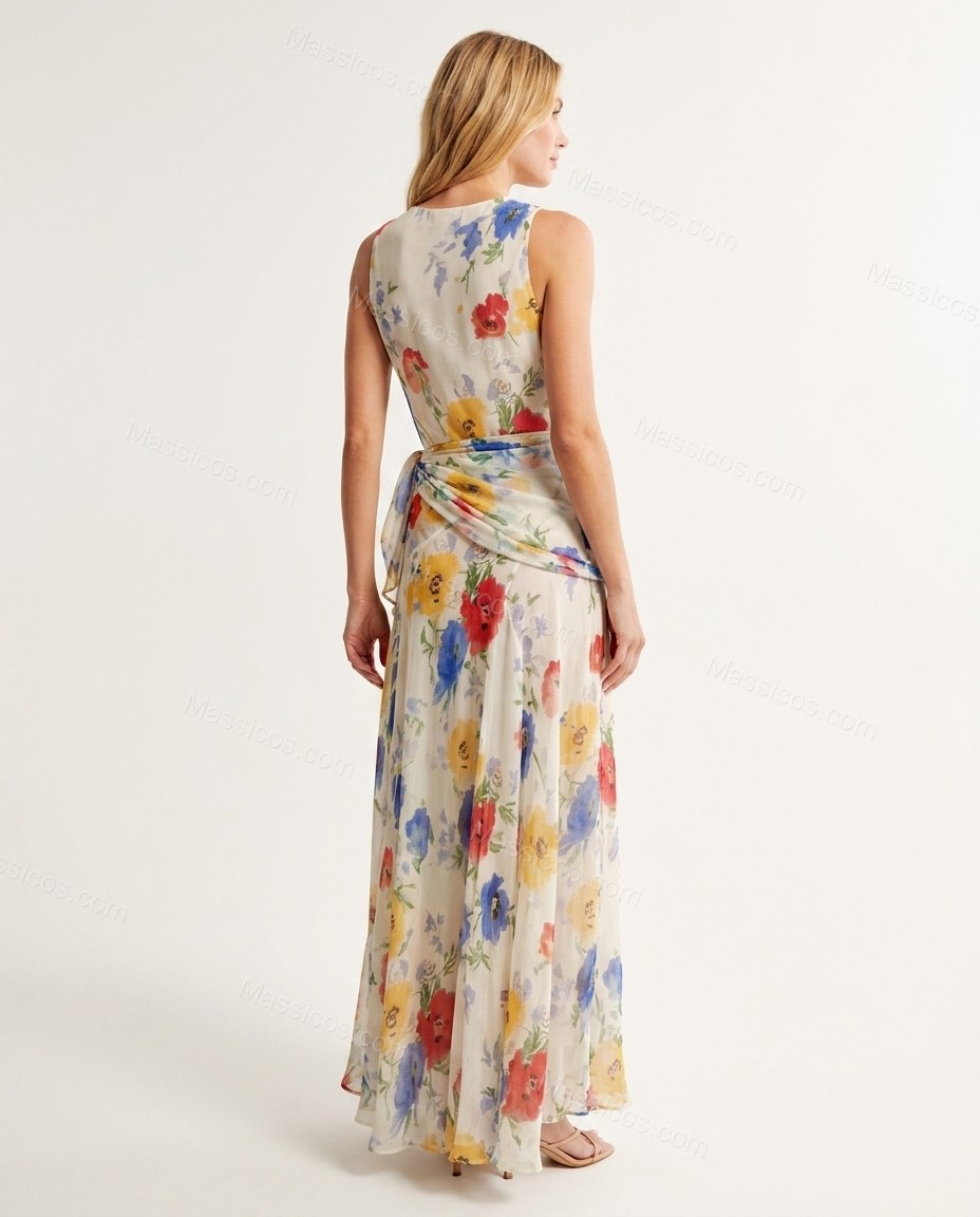 Off-white with Multi-Color Floral Print Maxi Dress, back studio view showing high back with self-tie waist creating a draped effect, by Massicos