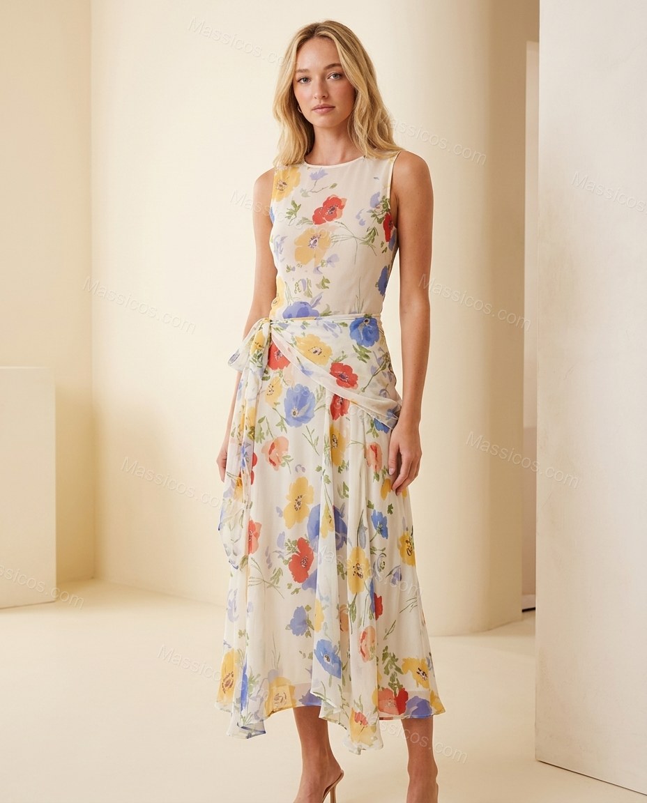 Off-white with Multi-Color Floral Print Maxi Dress, full-length hero view, by Massicos