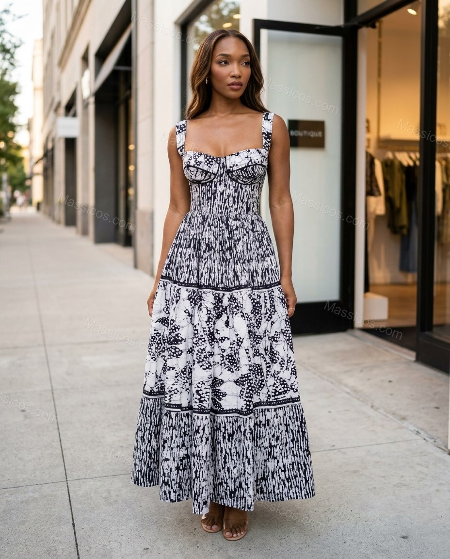 White Abstract Tiered Dress, three-quarter brand lifestyle view, by Massicos