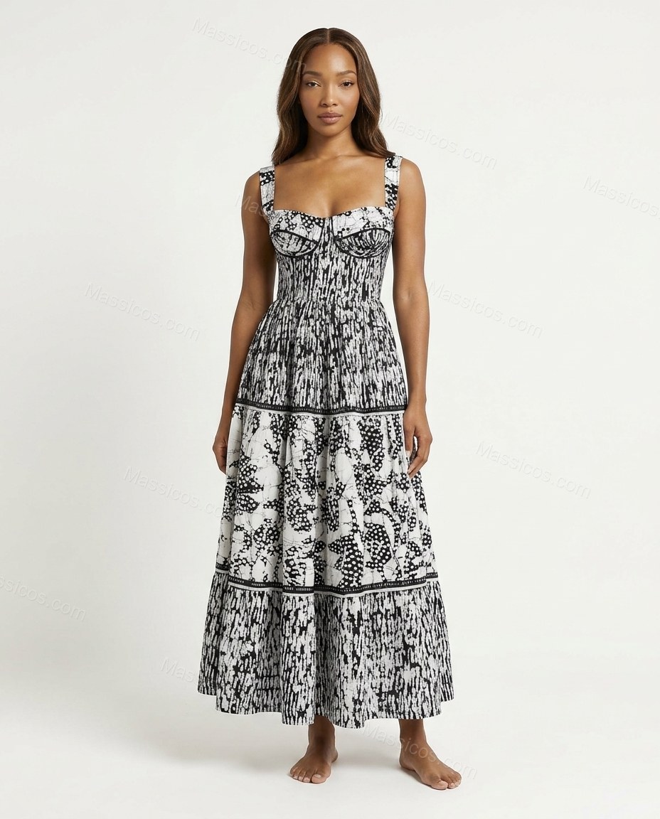 White Abstract Tiered Dress, front studio view, by Massicos
