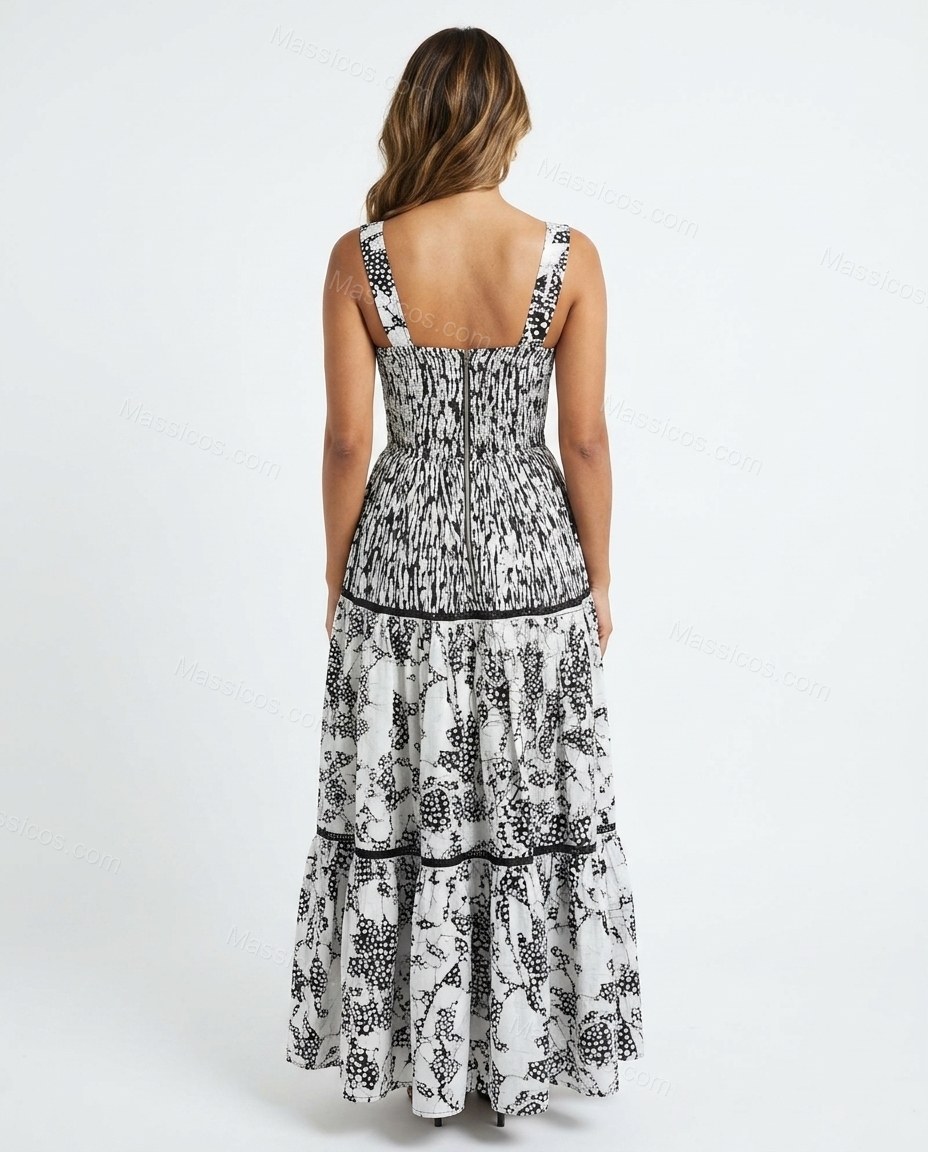 White Abstract Tiered Dress, back studio view, by Massicos