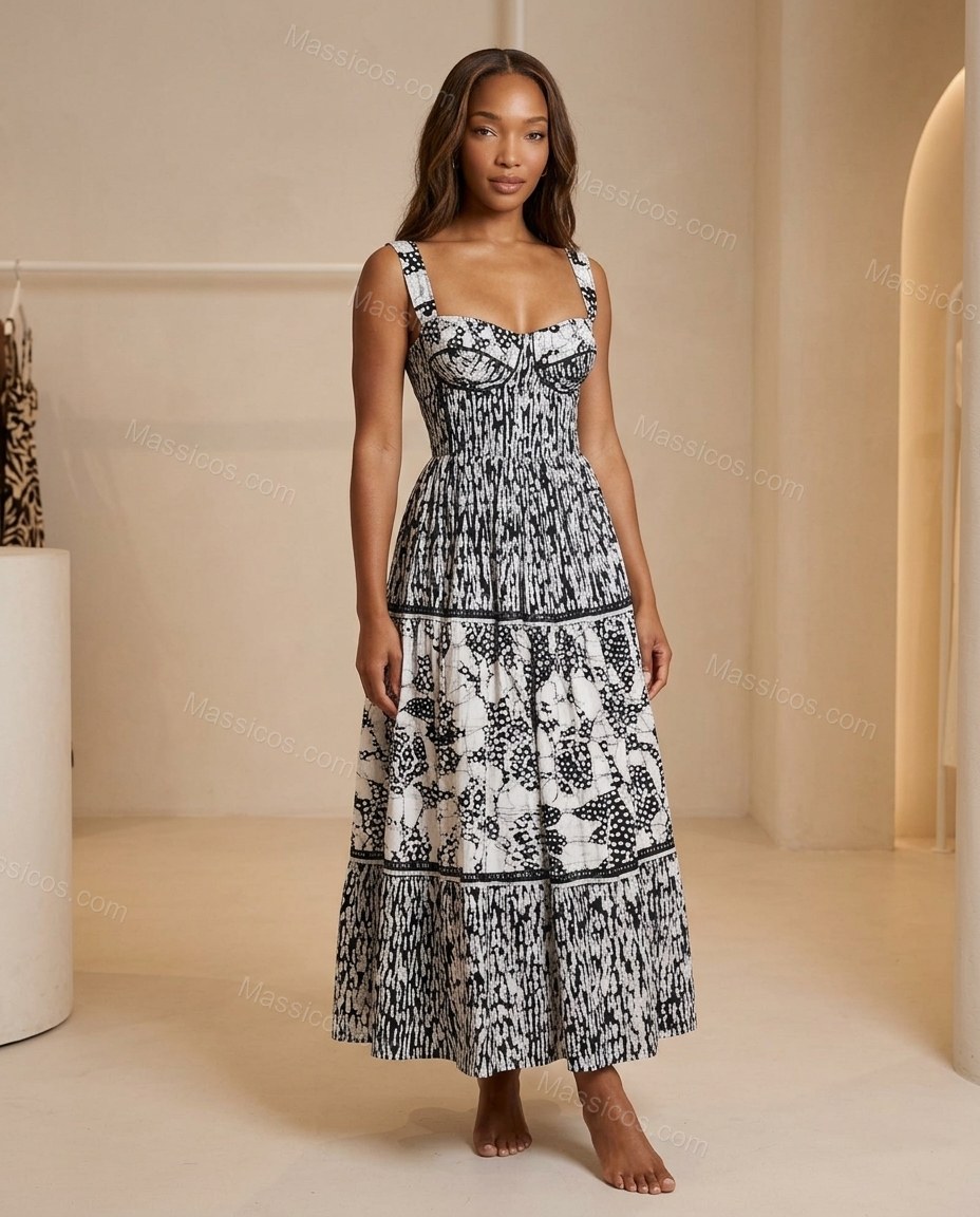 White Abstract Tiered Dress, full-length hero view, by Massicos