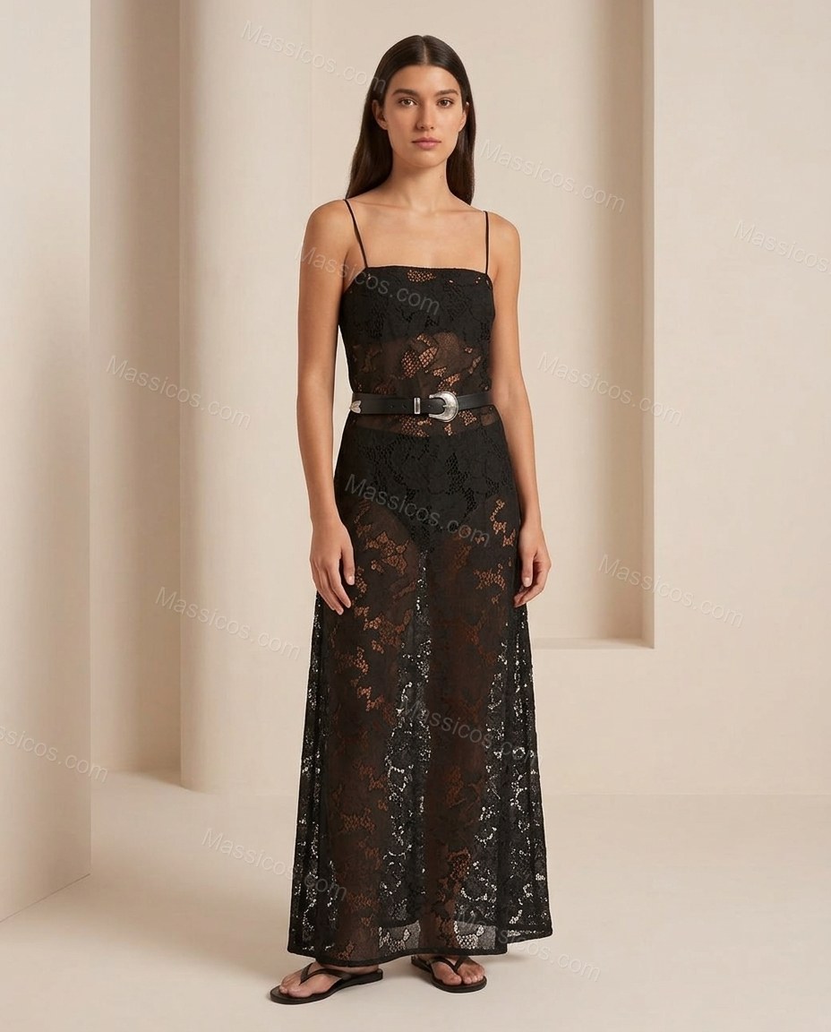 Black Floral Maxi Lace Dress, full-length hero view, by Massicos