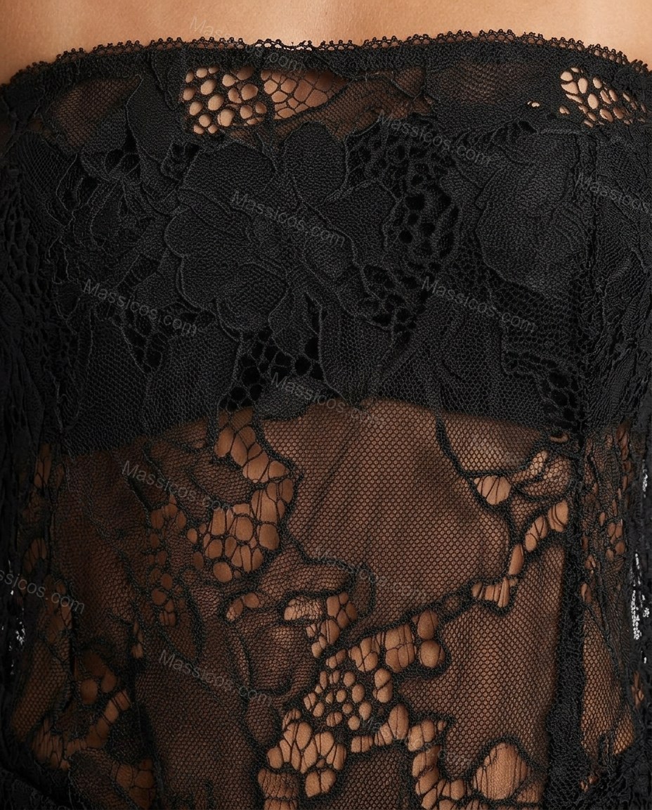 Black Floral Maxi Lace Dress, close-up of floral, by Massicos