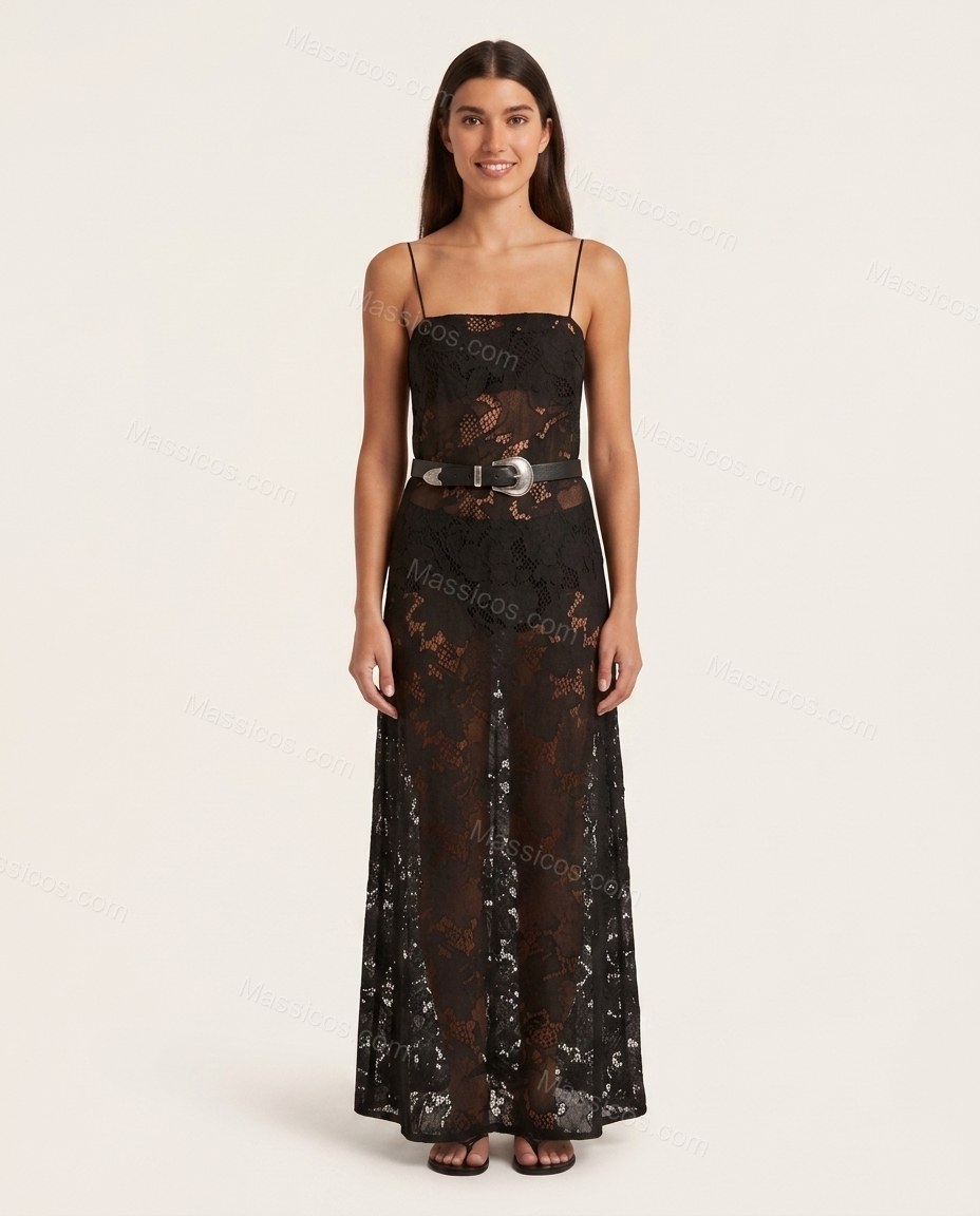 Black Floral Maxi Lace Dress, front studio view, by Massicos