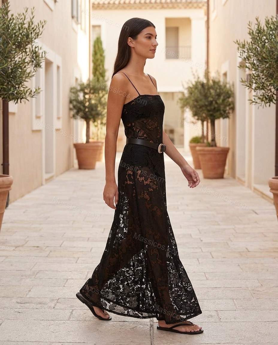 Black Floral Maxi Lace Dress, walking lifestyle view, by Massicos