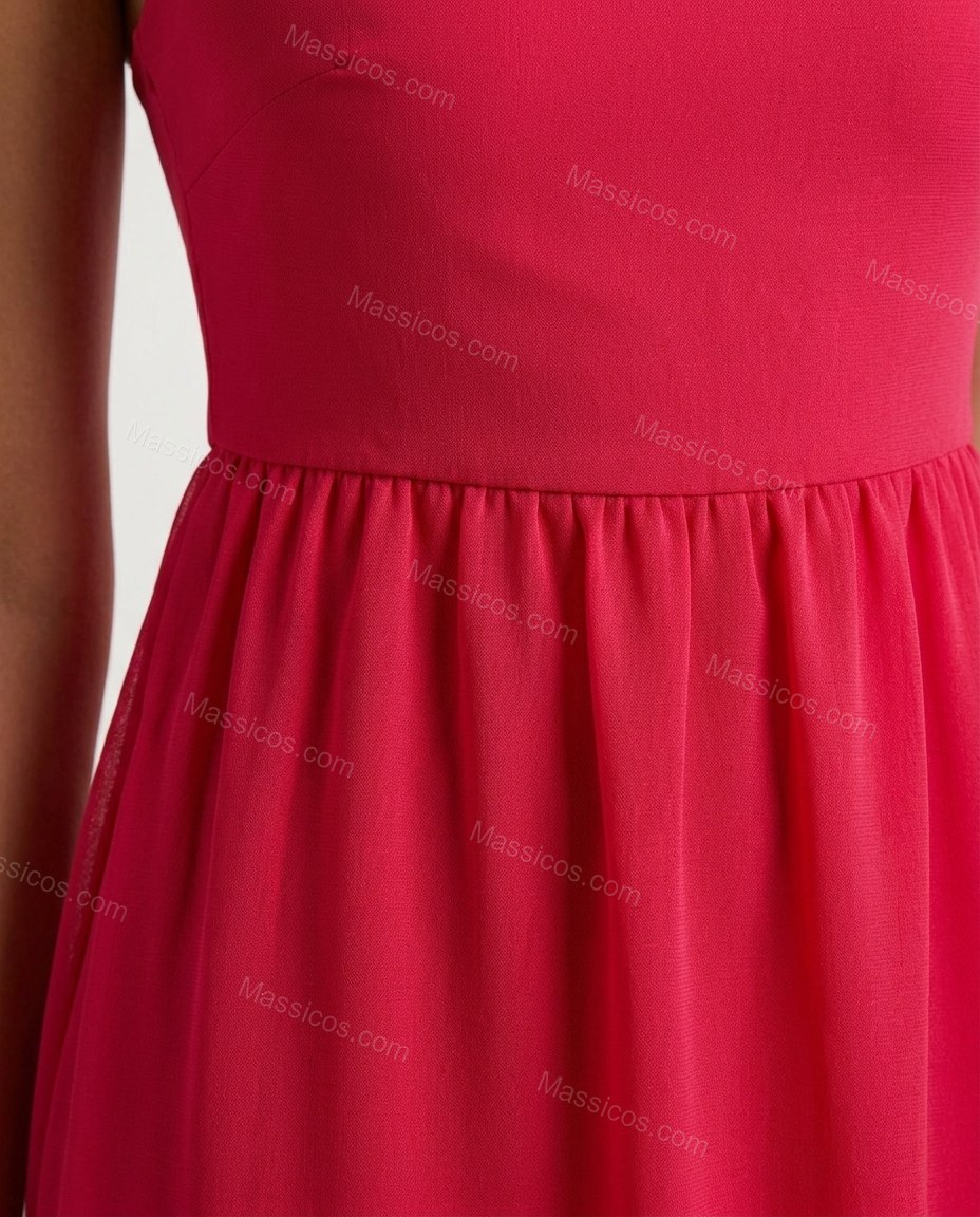 Red Maxi High-Low Tiered Dress, close-up of smocked bodice, tiered bodice and high-low hem, by Massicos