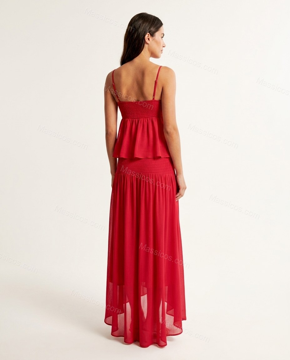 Red Maxi High-Low Tiered Dress, back studio view showing simple straight back with thin straps, by Massicos