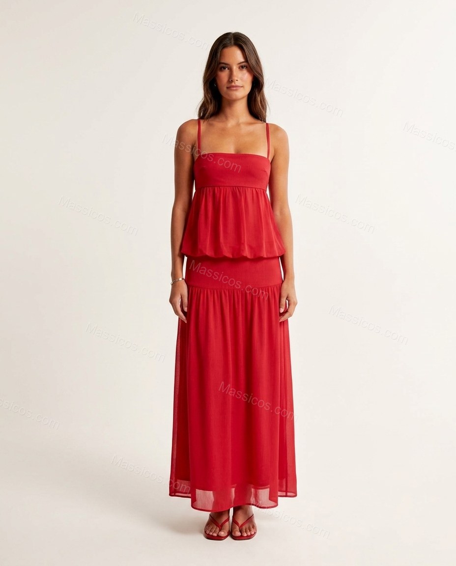 Red Maxi High-Low Tiered Dress, front studio view, by Massicos