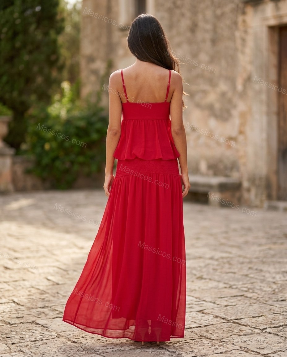 Red Maxi High-Low Tiered Dress, walking lifestyle view, by Massicos