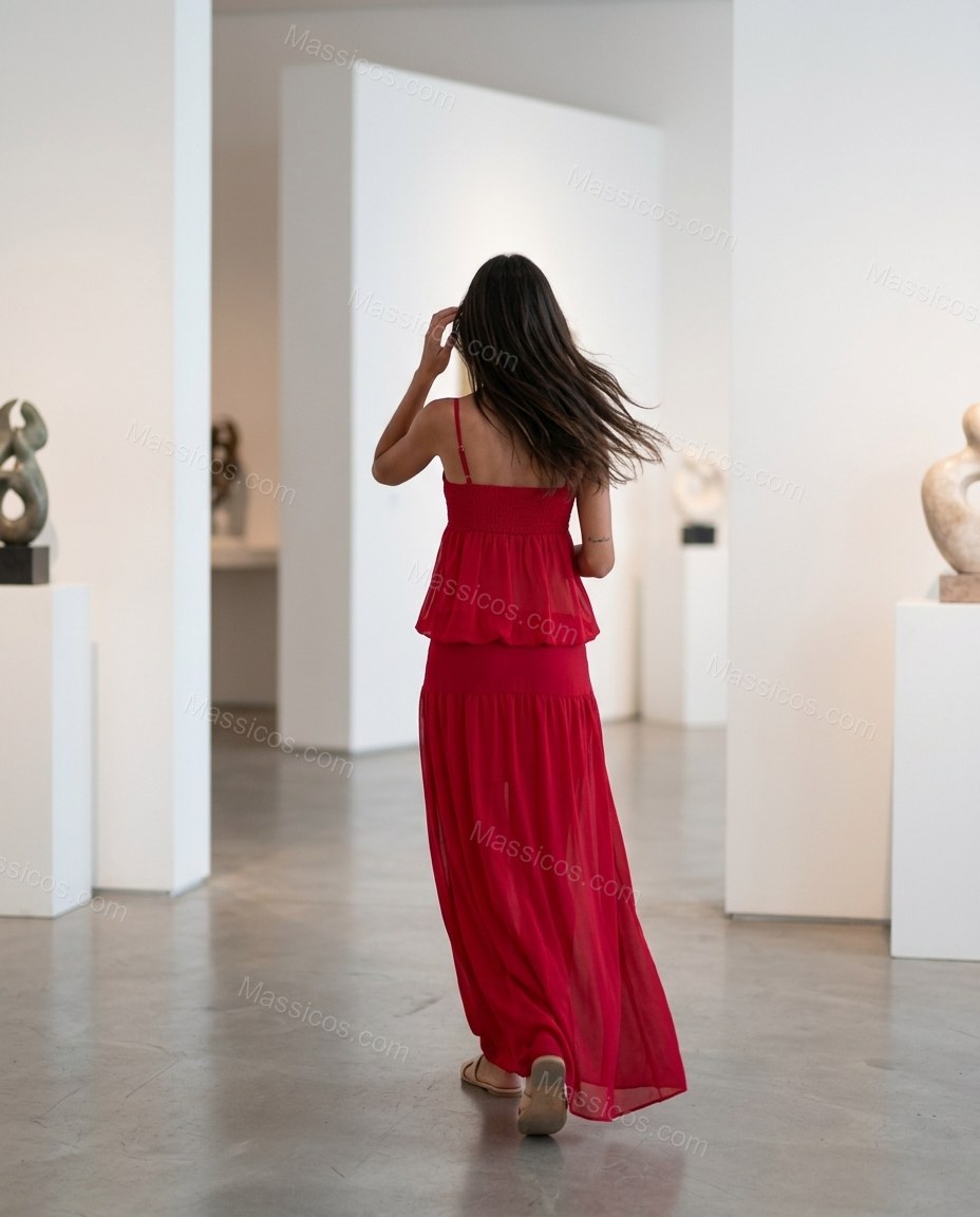 Red Maxi High-Low Tiered Dress, three-quarter brand lifestyle view, by Massicos