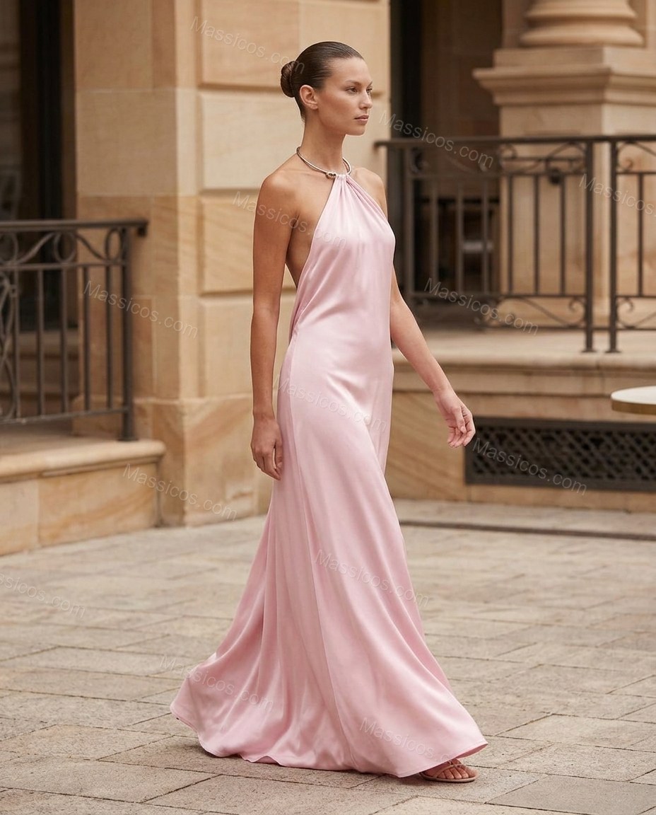 Pink Maxi Open-Back Halter Dress, movement and fit lifestyle view, by Massicos