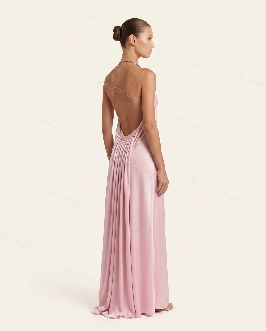 Pink Maxi Open-Back Halter Dress, back studio view, by Massicos
