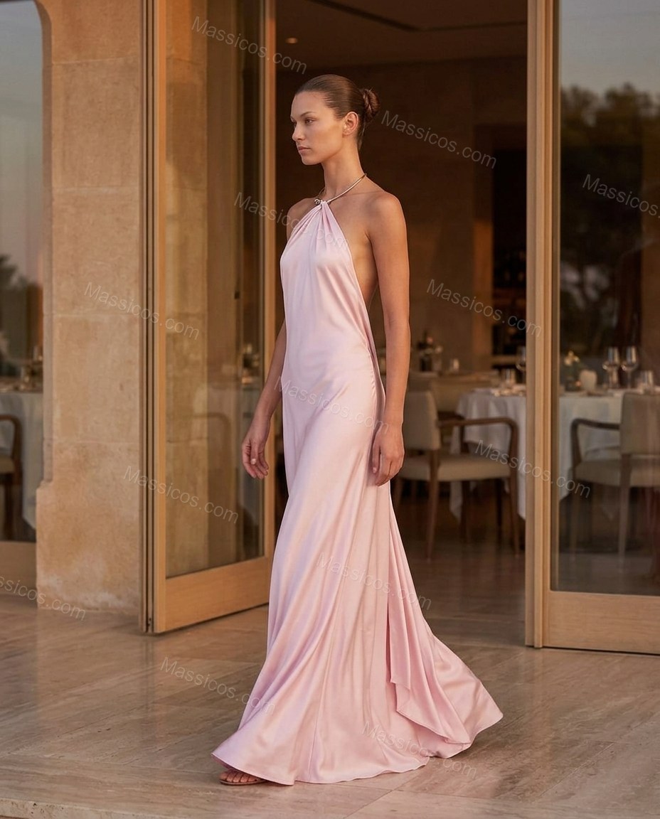 Pink Maxi Open-Back Halter Dress, walking lifestyle view, by Massicos