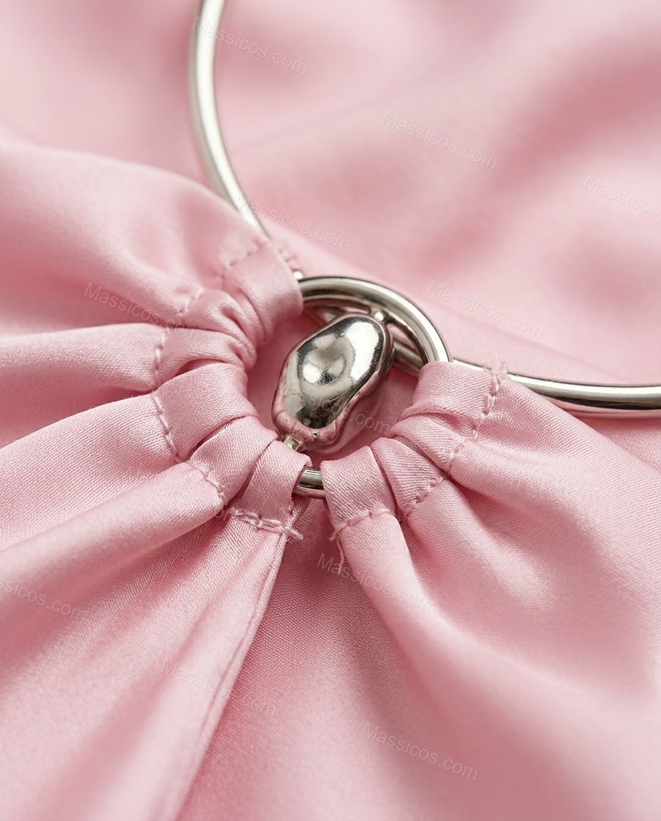 Pink Maxi Open-Back Halter Dress, close-up of metal hardware at neckline, halter neckline and open back, by Massicos