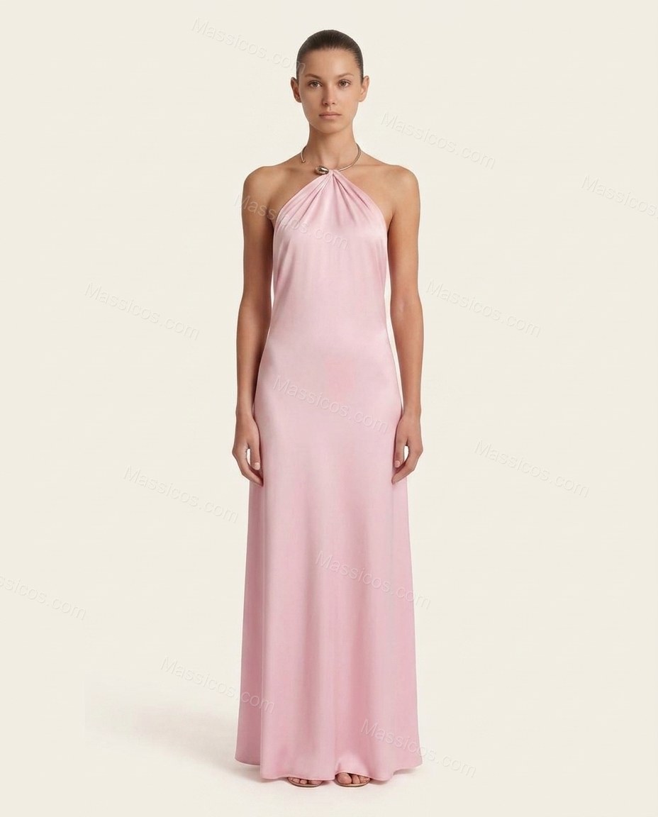 Pink Maxi Open-Back Halter Dress, front studio view, by Massicos