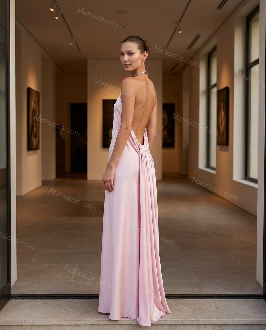 Pink Maxi Open-Back Halter Dress, alternate use-case lifestyle view, by Massicos