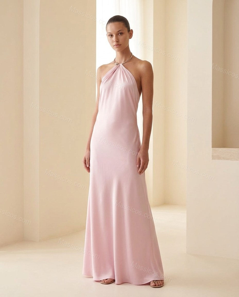 Pink Maxi Open-Back Halter Dress, full-length hero view, by Massicos