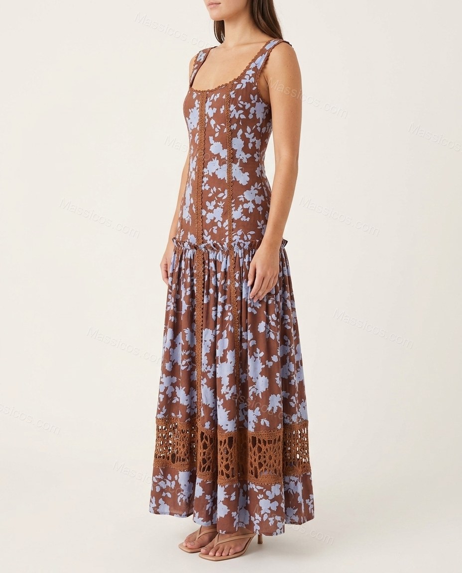 Brown Floral Maxi Lace Dress, side and back studio view, by Massicos